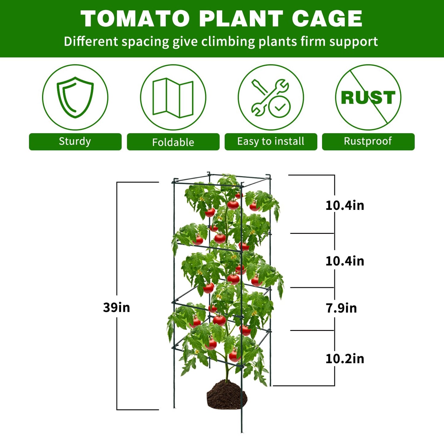 LAKNUAL 6 Packs Tomato Cages for Garden, 12"×12"×39" Plant Support Cage with Different Spacing, Green Metal Trellis for Climbing Plants Like Cucumber, Flowers