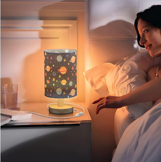 Cute Solar System with Planets Stars Bedside Table Lamps with USB Port for Bedroom Lamp Small Nightstand Lamp Sturdy Linen Shade Wooden Base Decorative Lamps for Kids Reading Dorm Home