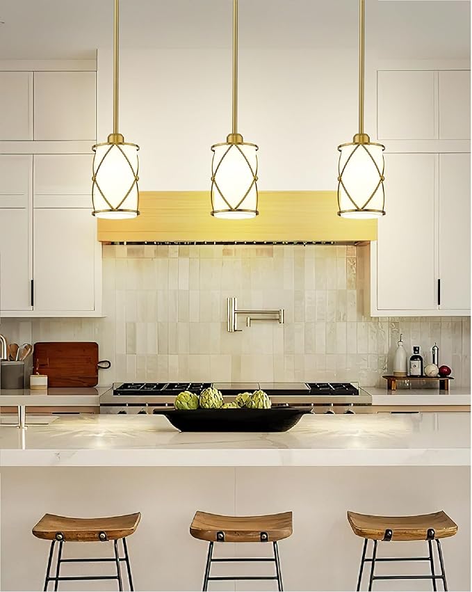 Brushed Gold Pendant Lights Kitchen Island 3 Pack, Milk Glass Kitchen Pendant Lighting Over Island with Rod, Modern Mini Hanging Light for Kitchen Sink Dining Room, CH9176BGW-3PK