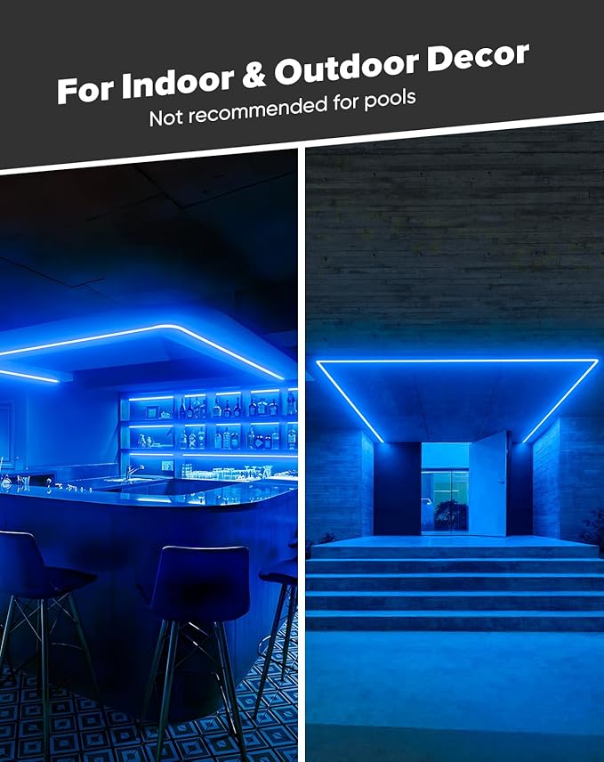Shine Decor COB LED Rope Light AC 120V, 800lm Ultra Bright, IP65 Waterproof Cold-Resistant ETL Neon Strip, No Driver Tape Lighting for Home Commercial 10x4.5mm, Blue, 50ft