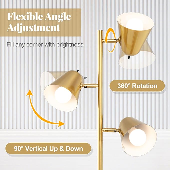 Tangkula 3-Light Floor Lamp, 64" Mid Century Modern 3 Light Tree, Standing Tall Pole Lamp with 3 A19 LED Bulbs and Adjustable Heads, 3 E26 Base, Reading Light for Living Room & Bedroom (Golden)