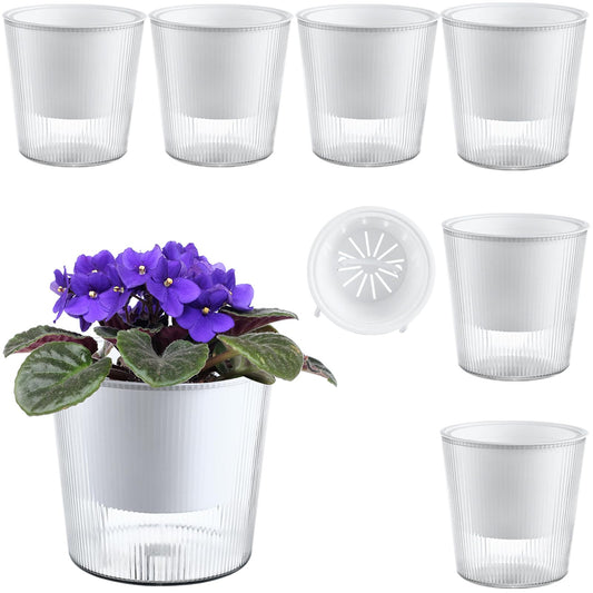 6-Pack 4.5 Inch Clear Self-Watering Planters and Pots for Indoor Plants Medium Orchid Plant Pots Plastic Wick Flower Pots, African Violet Pot Set, Home Decor Pot