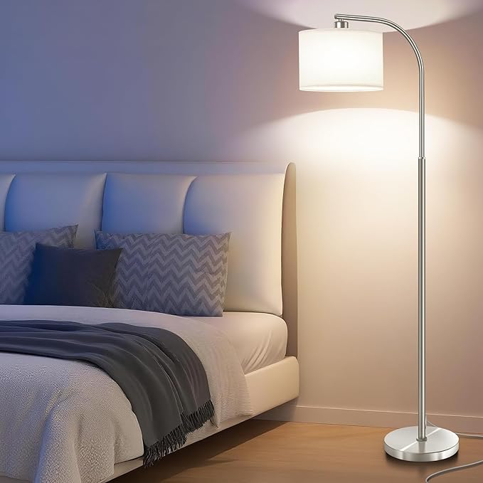 Floor Lamp for Living Room,65'' Modern Standing Lamps with 9W LED Bulb,Silver Tall Floor Light with Fabric Shade,3 Color Temperatures Tall Lamp for Bedroom Office Study Room Corner Dining Room