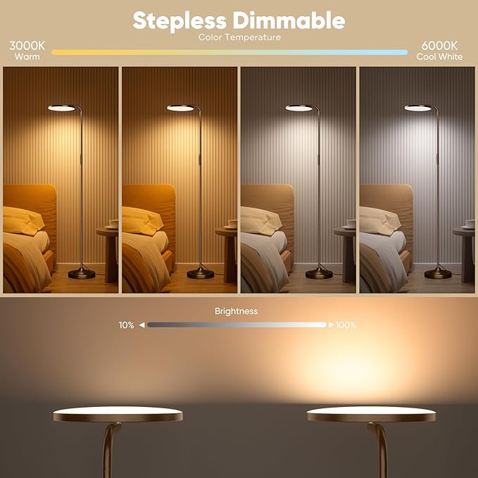 36W LED Floor Lamp, Super Bright Standing Lamp, Modern Stepless Dimmable Torchiere Tall Lamp with Remote Control, 350°Rotating Head Reading Floor Lamp for Living Room, Bedroom, Office