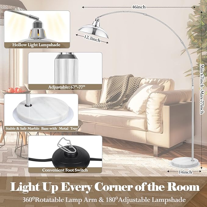 Modern 77" Arc Floor Lamp - Adjustable Sliver Standing Lamp for Living Room, Rotatable Arch Metal Pole Task Lamp Over The Couch, Adjustable Tall Lamp for Bedroom Office Home Brushed Nickel