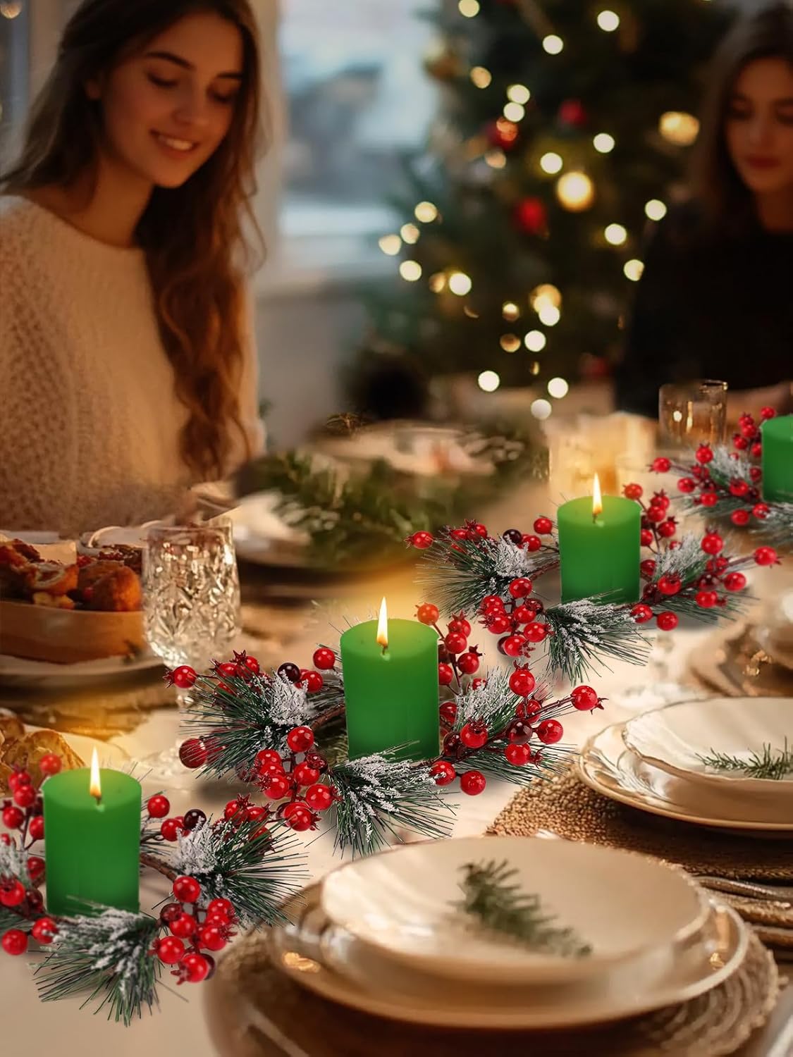 Regine Switzerland Christmas Candle Rings - Wreath Garland for 3" Dia Pillar Candles | Artificial Red Berries Decor