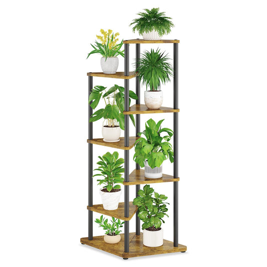 iDavosic.ly Tall Plant Stand Indoor for Large & Heavy Duty Planters, 6 Tier Corner Flower Shelf with Wooden Trays & Metal Frame, 49 Inch Orchid Rack for Living Room Balcony Porch, Black & Brown