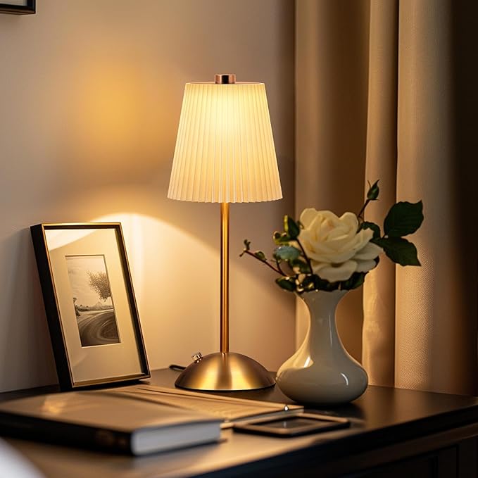 FRIDEKO HOME Rechargeable Table Lamp Gold - Cordless Battery Operated Lamp, Fabric Shade Desk Lamp, Wireless Lamp for Decor Bedroom Dining Table Counter (2pcs-Hard Fabric-LED-11.65in)