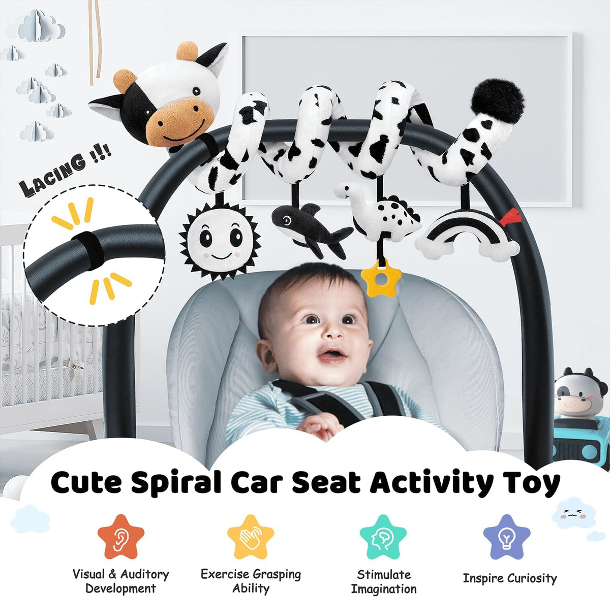 Skiennix Spiral Car Seat Baby Toy - High Contrast Sensory Hanging Stroller Accessory | Black & White Cow for Infants 0-6 Months