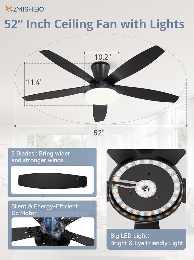 ZMISHIBO 52 inch Ceiling Fans with Lights and Remote/APP Control,Black Low Profile Ceiling Fan with Light,Quiet DC Motor,LED Dimmable, Modern Flush Mount Ceiling Fan for Bedroom Indoor/Outdoor Patio