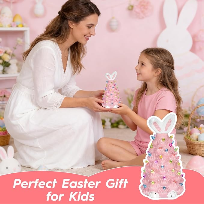 Cute Ceramic Easter Tree Bunny Decor, Light up Easter Bunny Decor Spring Decorations for Indoor Bedroom Office Decor Tabletop for Kid Gifts (Pink)
