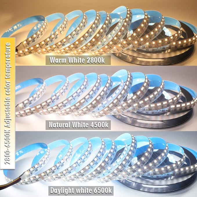 DC12V RGB CCT Color Changing LED Strip Light, 5050 RGB 2835 Warm White Daylight White Double Row Super Bright RGBWW Non-Waterproof Flexible LED Tape Light(DC12V 5meter/16.4ft)