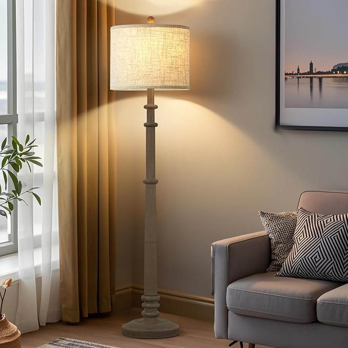 Floor Lamps for Living Room - 60" Resin Farmhouse Floor Lamp with Adjustable Color Temperatures - Vintage Standing Lamp Reading Light with Linen Shade Retro Tall Lamp for Bedroom Office, Grey