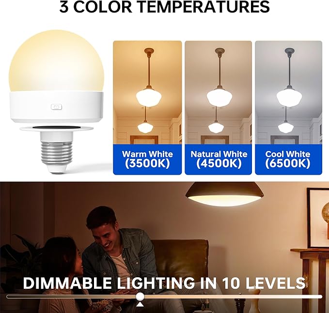 Rechargeable Battery Operated Light Bulb: E26 Wireless LED Night Light with Remote Control and Timer for Lamp, 3000mAh Dimmable Magnetic Puck Lights, 3 Color Temperatures+12 RGB Colors, Outdoor, 4pcs