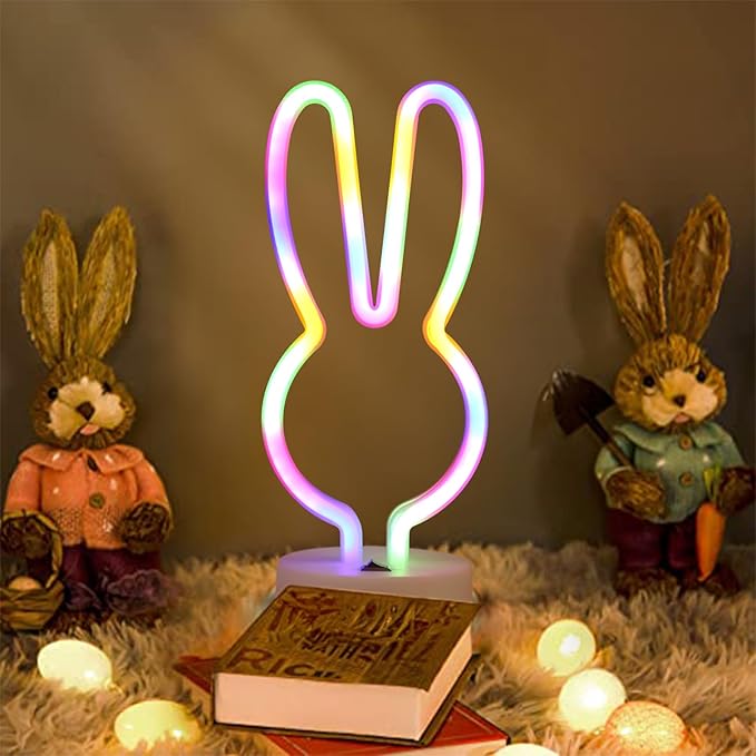 Bunny Shape LED Neon Signs, Colorful Rainbow Rabbit Neon Lights USB/Battery Powered Night Lights with Base, Cute Rabbit Head Neon Lamp for Easter Table Art Decoration (Colorful)