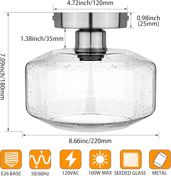 SunRider Semi Flush Mount Ceiling Light Fixtures, Brushed Nickel Industrial Seeded Glass Lamp, Silver Ceiling Light for Kitchen Hallway Porch Bedroom