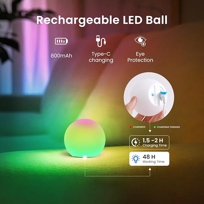 LOFTEK LED Ball Light, 3-inch Rechargeable Globe Lights, Color-Changing Ball Lamp with Remote, Waterproof Orb Light, Smart Sphere Night Light for Home Bedroom Pool Decor, Gift, 8 Pack