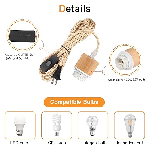 15ft Wood Pendant Light Cord Kit with Shade Ring and ON Off Switch, Hanging Lamp Kit Plug in Cord for Farmhouse, Vintage Swag Light Bulb Cord DIY Twisted Nylon Rope for E26 E27 Socket