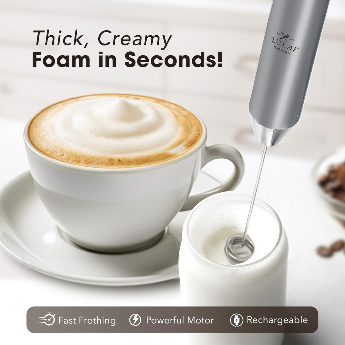 Zulay Kitchen Rechargeable Milk Frother - Powerful 2-Speed Motor, 2000mAh Battery | Handheld Mixer for Latte, Cappuccino & Matcha - Silver