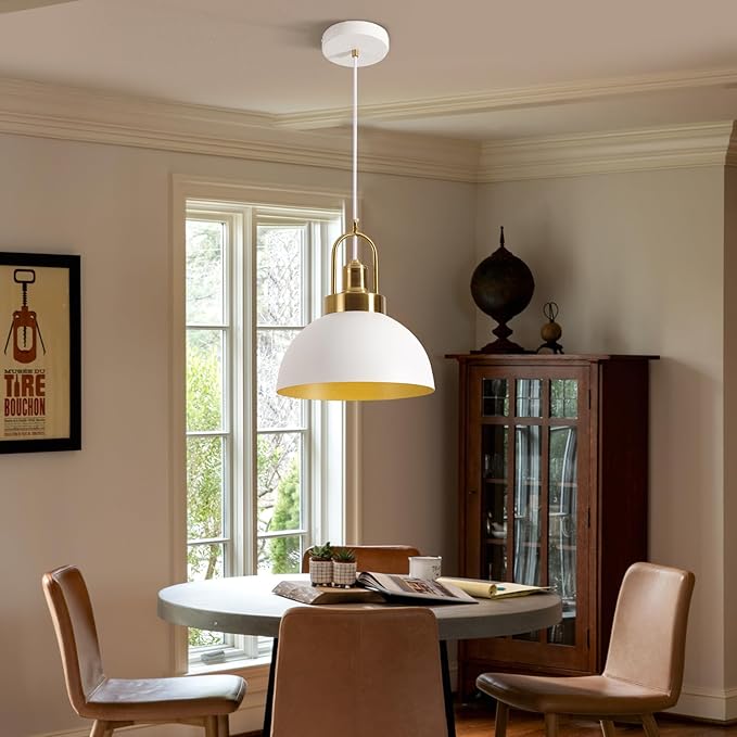 Vintage Pendant Light White and Gold Pendant Light with 9.84 Inch Round Dome, Brass Socket, and 78.74 Inch Cord - Perfect for Kitchen Island, Dining Room, Hallway
