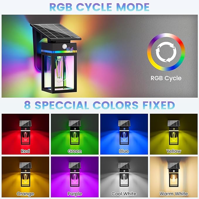 2 Pack RGB Solar Wall Lights Outdoor, Dusk to Dawn & Motion Sensor Porch Light with Lantern Shape, 10 Modes (RGB Cycle/Fixed) IP65 Waterproof, E26 Bulb Exterior Sconce for Front Porch, Garage, Patio