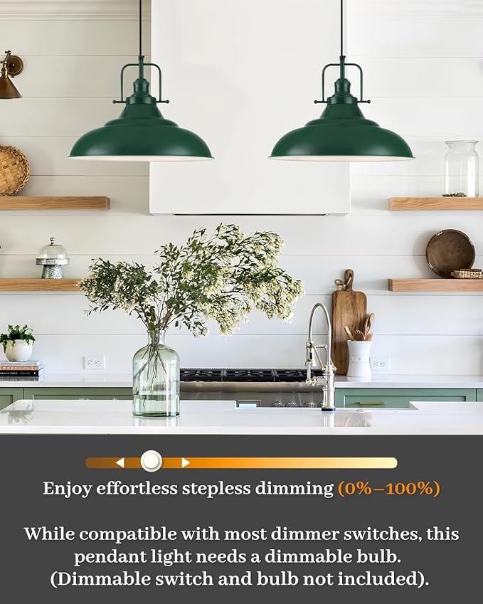Green Pendant Light Kitchen Island, 16 Inch Large Pendant Lights, Industrial Pendant Lights, Vintage Farmhouse Pendant Light for Kitchen Island, Dining Room, Hallway (1 Pack)