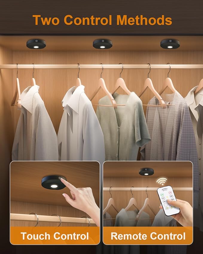 WILLED Under Cabinet Lighting Wireless,Rechargeable Puck Lights with Remote Control,Battery Tap Light Stick On,3 Colors and Timer Function LED Lights for Kitchen,Cabinet,Counter,Closet,Shelf,6 Pack