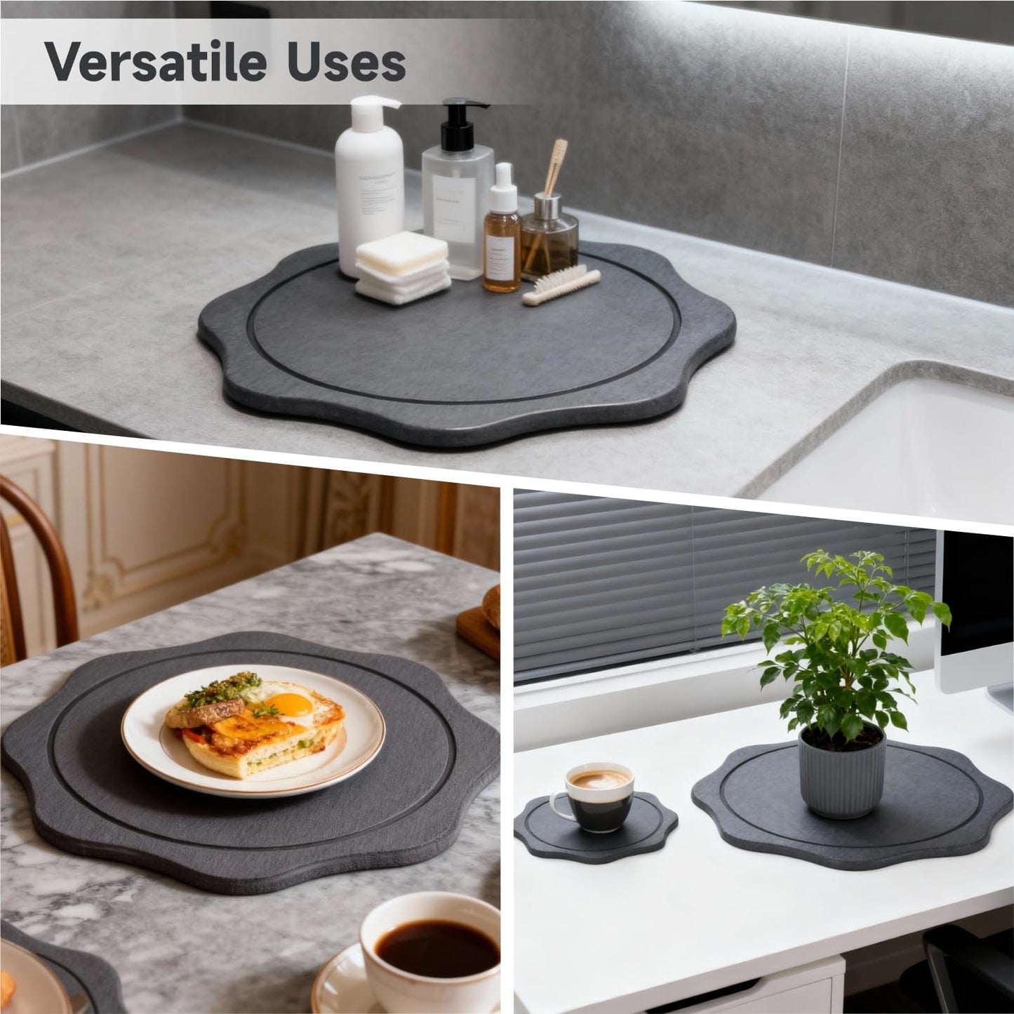 NIMBLOOM 2 Pcs Diatomaceous Earth Plant Saucers, 7.9/11.8 in No Holes Instant Dry Absorbent Plant Trays for Indoors, Water-Catching Drip Mats to Protect Floors & Counters Clean Dry, Dark Gray