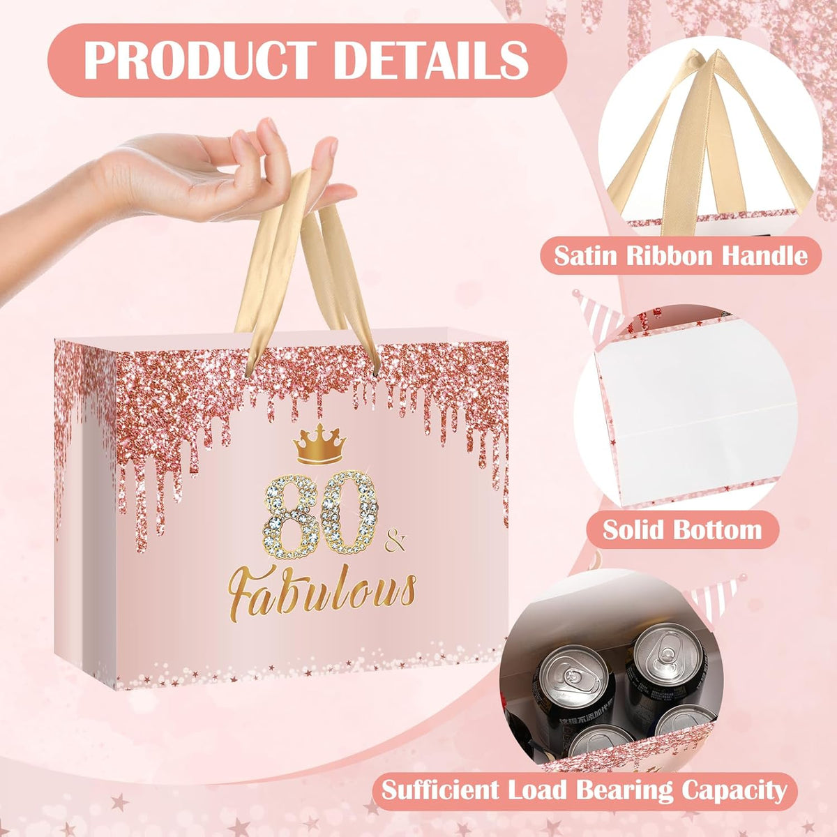 Yoirrat Rose Gold 80th Birthday Gift Bag - Large Pink Design with Wrapping Paper & Card for Women