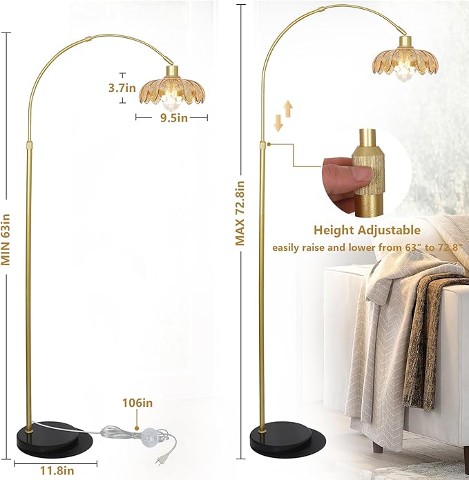 Gold Floor Lamp for Bedroom, Arc Floor Lamp with Remote & LED Bulb, Flower Standing Lamps for Living Room, Glass Corner Tall Lamp, Mid Century Modern Floor Lamps, Arched Stand Up Lamp (Amber)