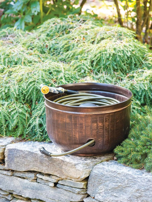 Gardener's Supply Company Garden Hose Pot | Elegant Brushed Bronze Brown Decorative Watering Hose Storage with Side Hole | Ideal Hose Holder for Outdoor Garden, Backyard, & Patio | Holds 100ft Hose