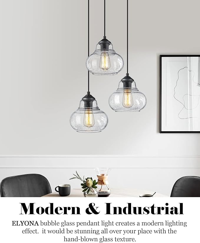 ELYONA 2 Pack Bubble Glass Pendant Light 8 inch Industrial Kitchen Hanging Pendant Light Fxitures Modern Hand Blown Seeded Glass for Farmhouse Dining Room Bar Bedroom Living Room Black