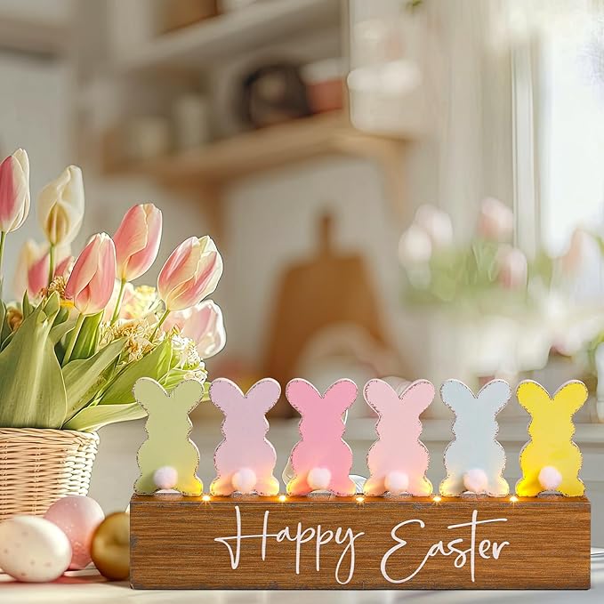 Yousoontic Easter Decorations Wooden Bunny Table Decor with LED Lights, Lighted Bunny Butt Centerpiece, 3D Farmhouse Easter Rabbit Sign for Mantel, Tiered Tray, Home Desk, Office, Spring Party
