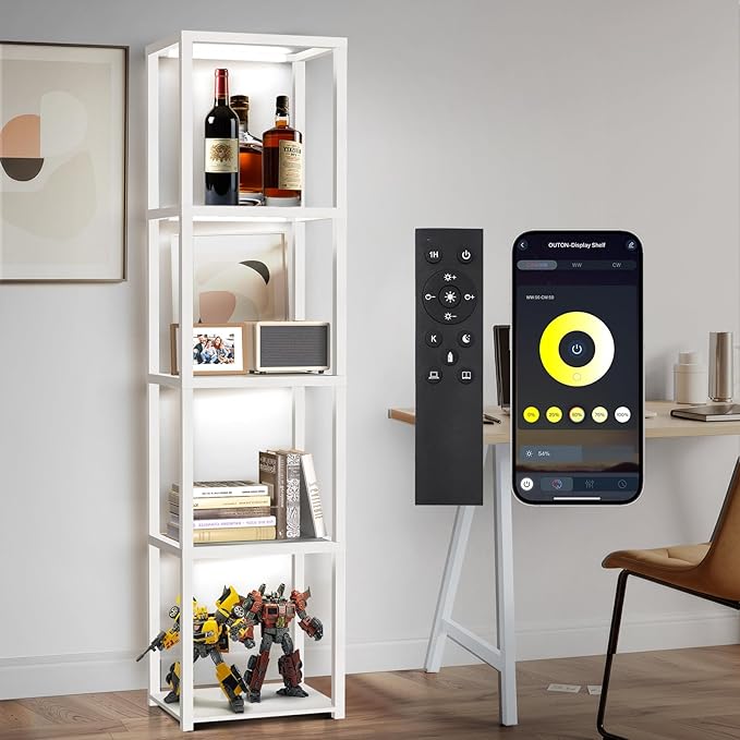 OUTON 67" Glass Display Shelf with Dimmable LED Floor Lamp, Collectibles Display Cabinet with Remote & App Control, 5 Tier Open Bookshelf Lamp for Living Room, Bedroom, Office, Home Decor, White