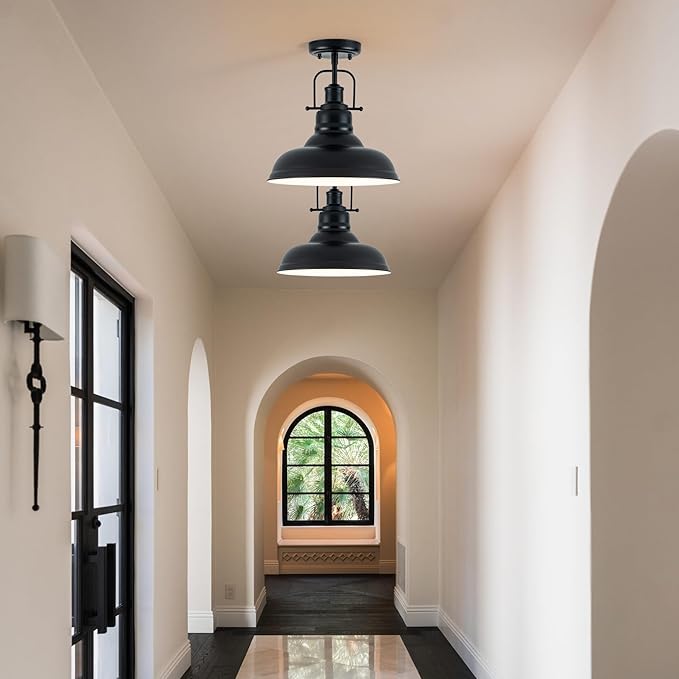 Famrhouse Ceiling Light, Semi Flush Mount Light Fixture with Metal Dome Shade, Balck Ceiling Light for Hallway, Entryway,Kitchen