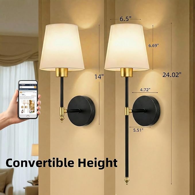 Wall Sconces Battery Operated Set of 2, Rechargeable Wall Sconce, 10 Colors Wireless Wall Sconces Set of Two, 5200mAh Dimmable Bulbs and Remote, for Bedroom Living Room, Hallway (Gold-Black - 24 inch)