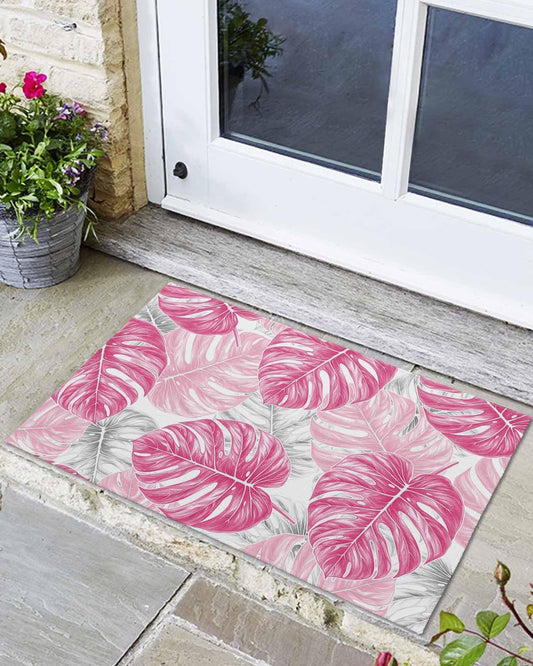 Welcome Mats for Front Door, Summer Tropical Monstera Deliciosa Rugs Non Slip Absorbent Indoor Doormat, Watercolor Pink Plant Entrance Rug Washable Floor Mats for Entryway,18x30in