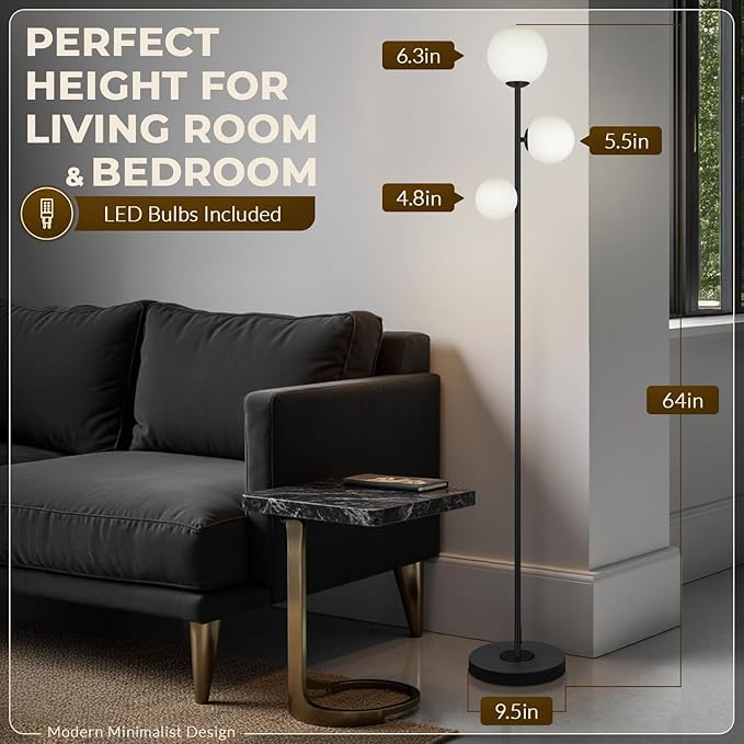 Soilsiu 3 Globe Floor Lamp - Mid Century Modern Standing Light with 3 Color Temperatures, LED Bulbs, Frosted Glass Shades for Living Room (Black)