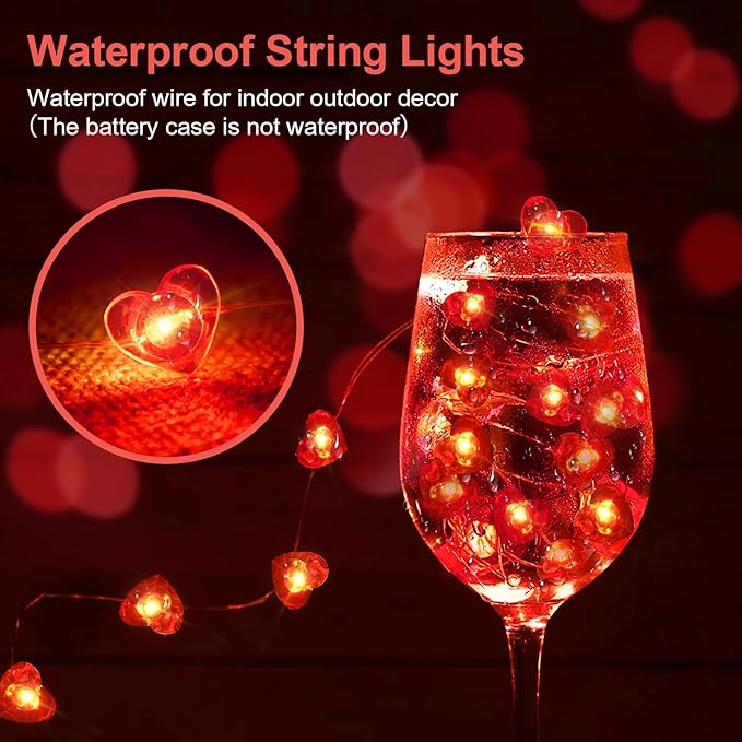 Valentine's Day Red Heart Fairy Lights 7Ft 20 LED Twinkle 3 Modes String Lights Battery Operated Waterproof Firefly Starry for Mason Jar Party Wedding Valentines Mother's Day,2 Pack
