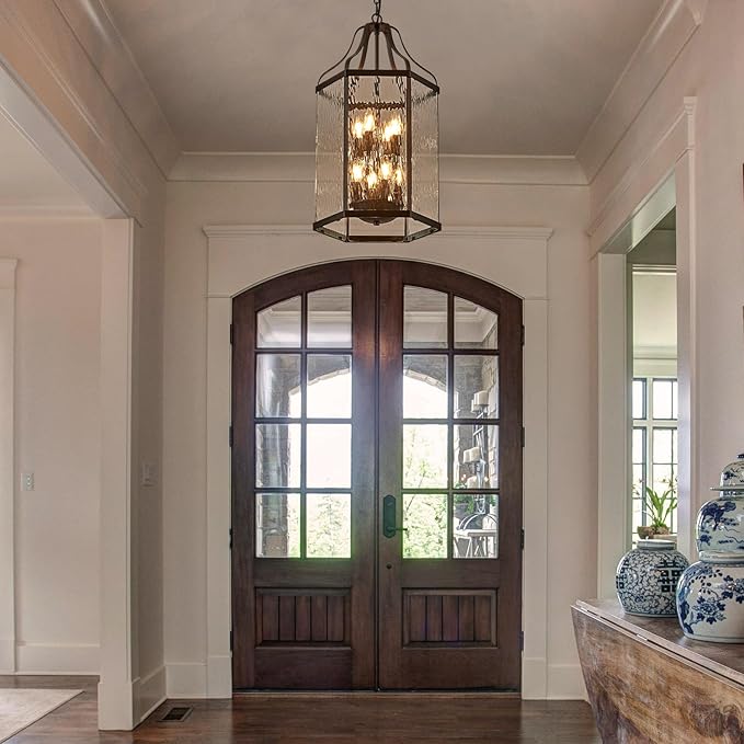 14" Modern 8-Light Exterior Black Lantern Pendant Light Fixture with Clear Rippled Glass Mini Industrial Hanging Cage Chandelier for Outdoor Kitchen Dining Room Hallway Entryway Foyer Porch