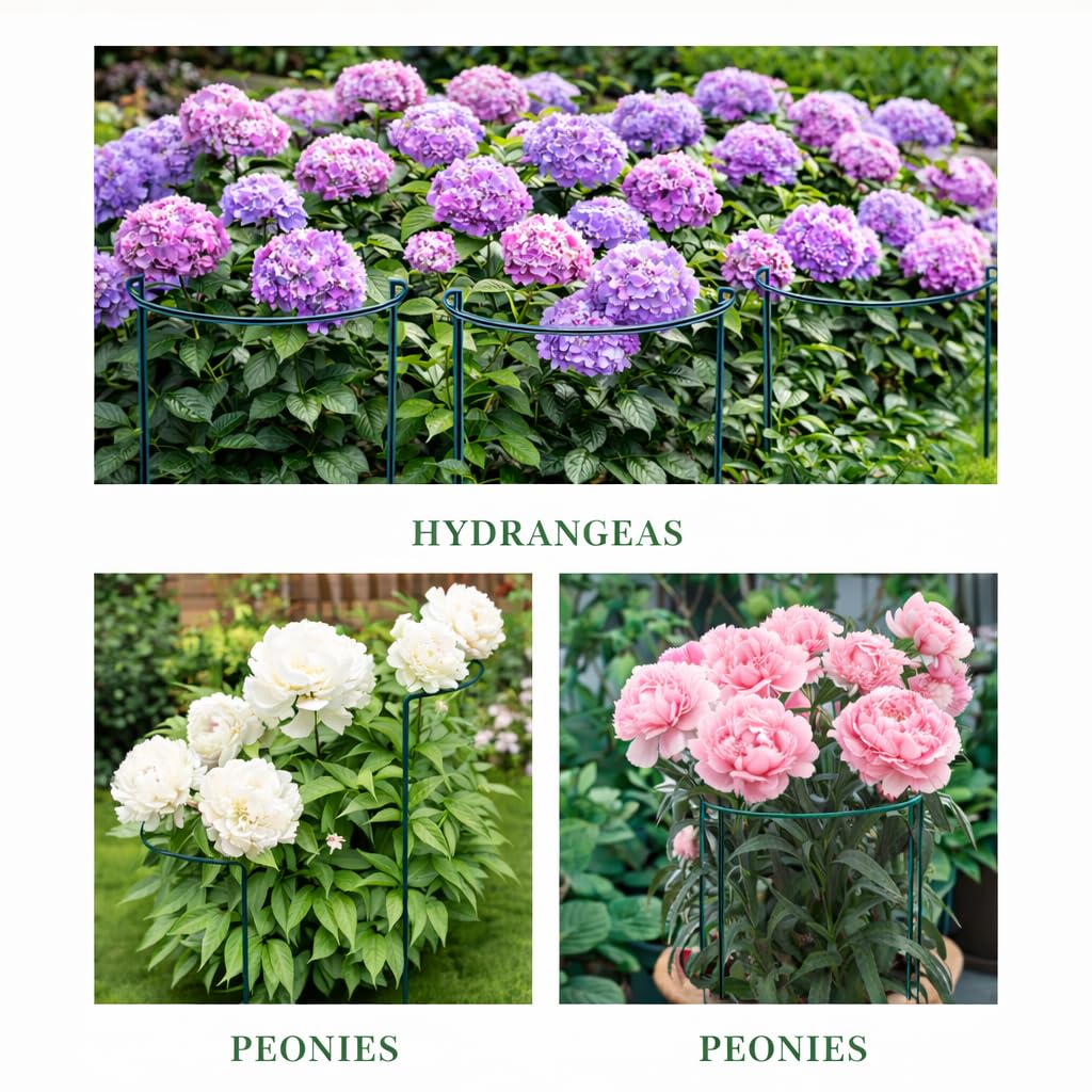8 Pack Peony Support Cages, 10" W x 16" H Half Round Peony Plant Supports, Heavy Duty Metal Plant Support Stakes, Green Garden Plant Support Rings for Peony, Hydrangea,Tomato & Flowers