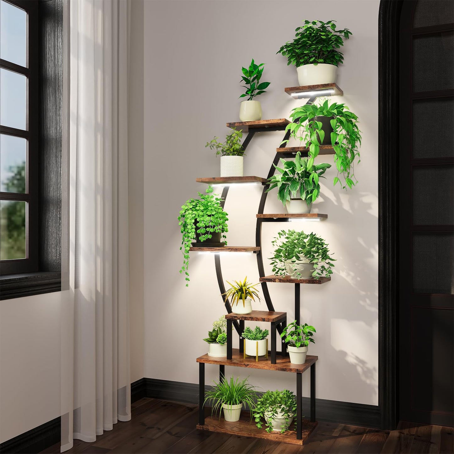 Plant Stand Indoor with Grow Lights, 63" Tall Plant Shelf, Lighted Corner Plant Stands for Indoor Growing, 9-Tier Large Flower Holder, Plant Display for Living Room, Black