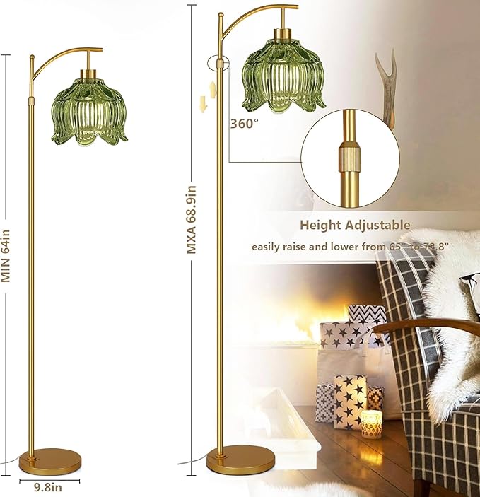 Green Floor Lamp for Living Room,Bedroom,Gold Dimmable Standing Lamp with Remote,Mid Century Modern Brass Tall Lamp Boho Floor Lamps Arc Vintage Glass Flower Floor Light Lamp Girls Bohemian