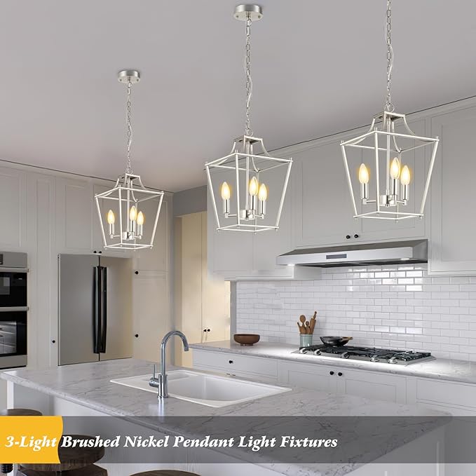 Lantern Pendant Light Brushed Nickel Pendant Light Fixtures 3-Light Lantern Light Fixture, 9.4" Adjustable Hanging Pendant Lighting for Dining Room Kitchen Foyer Bedroom