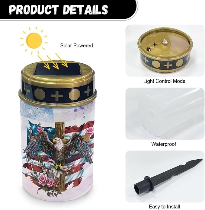 American Cross Eagle Solar Lights for Cemetery Flameless Led Electronic Candles 4th of July Solar Lights for Cemetery Grave Solar Pathway Lights Outdoor