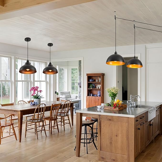 Pendant Lighting Vintage Industrial Fixtures, Farmhouse Pendant Lamp, Hanging Light Fixtures with Metal Shade (Black Inside), Industrial Black Pendant Lights for Hallway Kitchen Island Dining Room