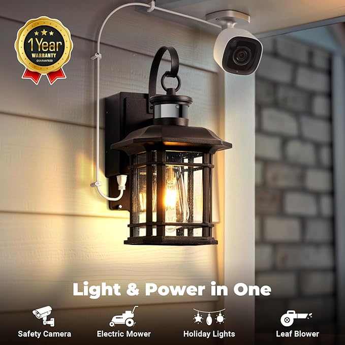 Porch Light with GFCI Outlet, Distance and Time Adjustable Motion Sensor Outdoor Light Fixture with Outlet, Bronze Dusk to Dawn Outside Sconce Lights for House Garden Patio Garage, Waterproof