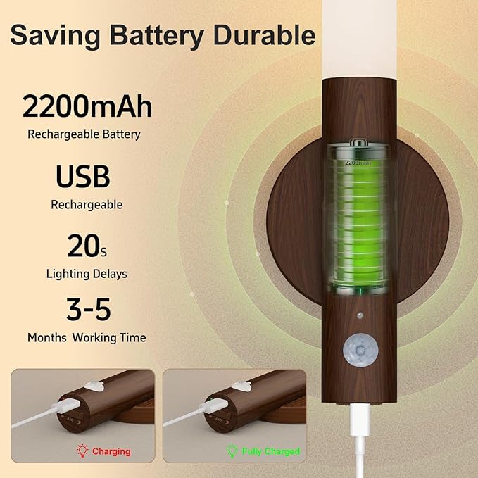 Battery Operated Wall Sconce Set of 2 - Rechargeable Motion Sensor Night Lights, 2200mAh Wireless Wall Lights Sconce, Magnetic Portable Hallway Light for Kitchen Stair Cabinet, 3000K