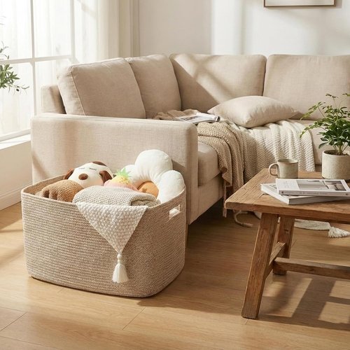 JMvicyroam Woven Blanket Basket - 65L Large Storage Bin for Toys, Clothes & Blankets | Oatmeal Color