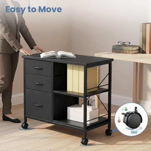 Healsmart Heavy Duty Mobile File Cabinet - 3 Fabric Drawers & Rolling Printer Stand | Black Storage Organizer for Home Office